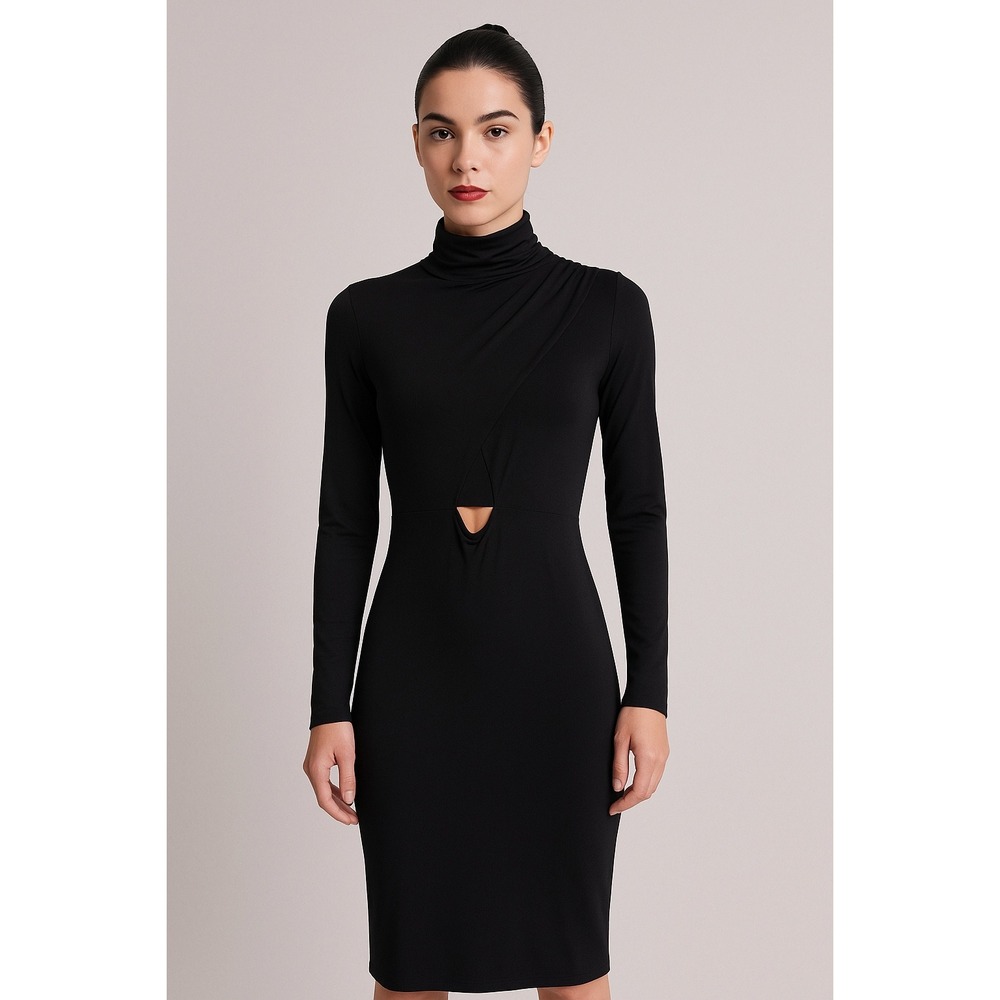 Miss Blush Black Bodycon Midi‎ Dress Long Sleeve Mock Neck Cut Out Party